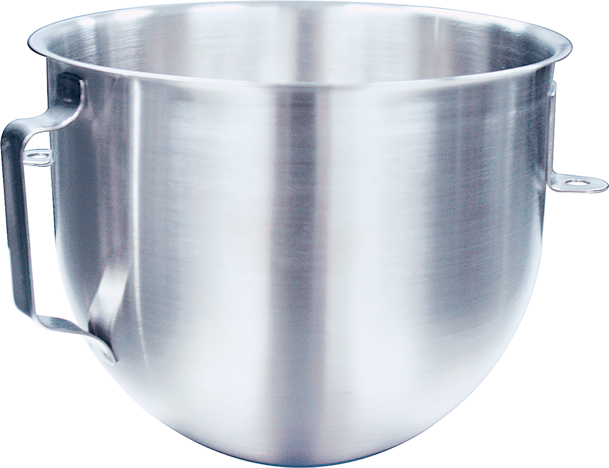 A large, shiny 5 quart stainless steel mixer bowl with a sturdy handle on the left and two small side brackets for attachment, photographed against a plain white background. The bowl features a smooth, slightly reflective surface.