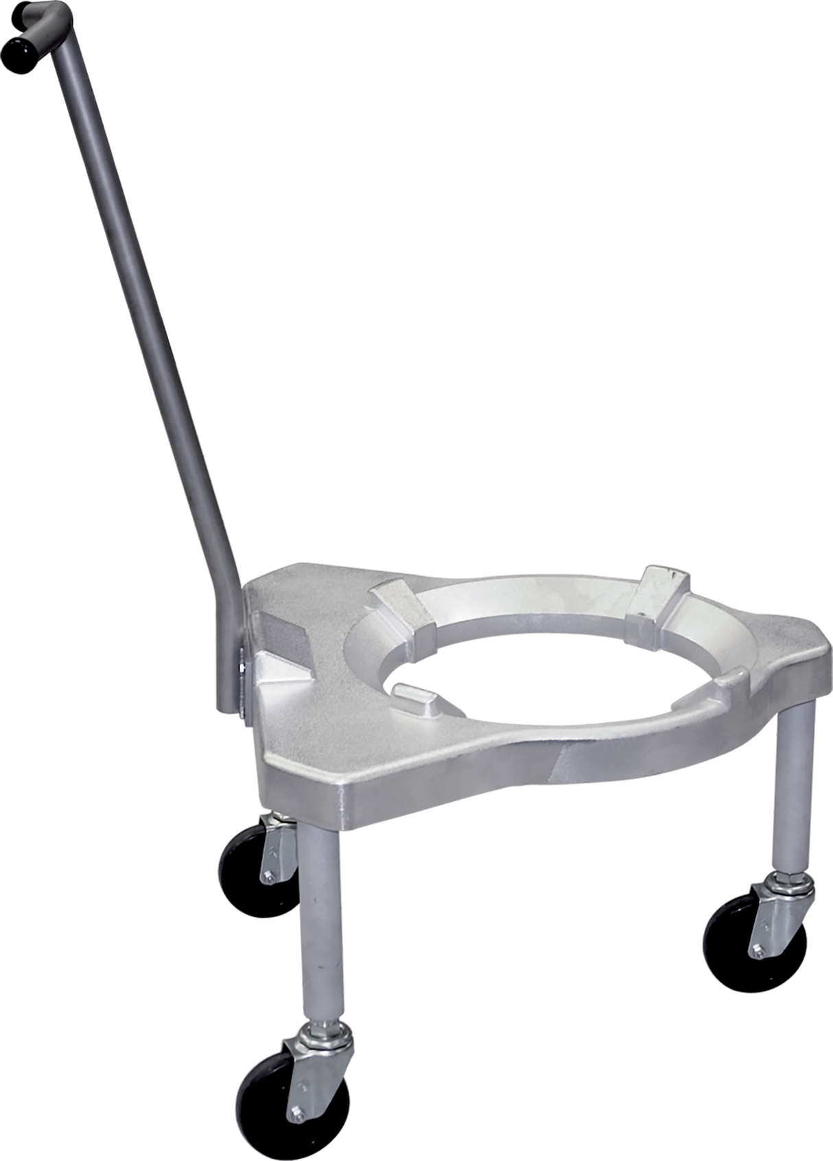 A metallic Deluxe Bowl Truck with three legs and black caster wheels, designed for industrial use. It features a circular opening to hold a drum or Hobart Classic Mixers bowl and a long, angled handle for easy pushing or pulling.