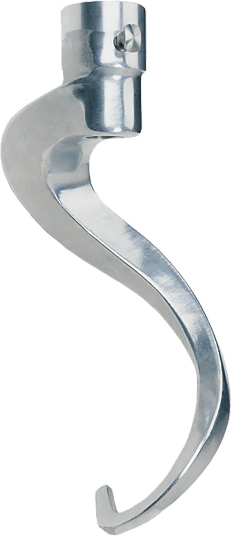 A metallic, spiral-shaped Hobart EDDOUGH-ALU060 mixer dough hook for a 60 quart mixer, featuring a smooth curved design with a notched tip and cylindrical connector. Its shiny, reflective surface enhances any commercial kitchen setup.