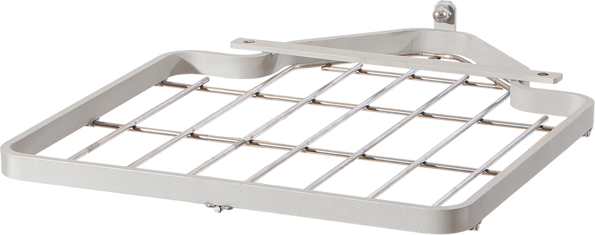 A metal wall-mounted corner shelf with a square grid design and a raised frame, featuring shiny silver rods and mixer support arms, is photographed against a plain white background.