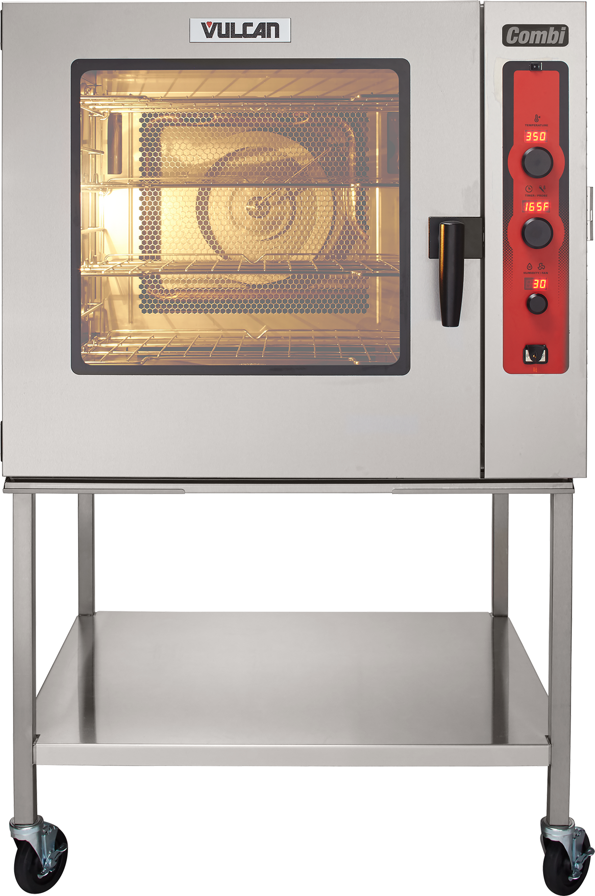 A commercial stainless steel Vulcan boilerless Combi oven steamer on wheels, with a glass door showing interior racks and a lit interior. The right side features a red control panel with dials and digital display. An open shelf is below the oven.