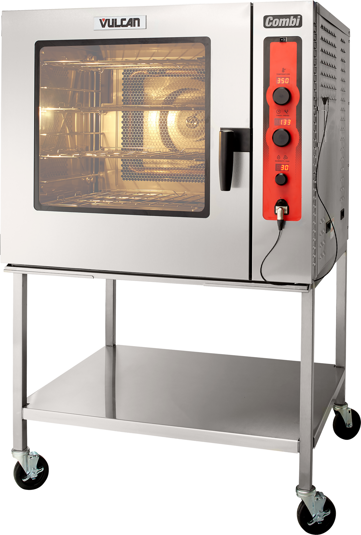 A stainless steel commercial Vulcan boilerless combi oven steamer on wheels, featuring a glass door with interior light, three control knobs, and a digital display on a red panel. The oven sits on a metal stand with a storage shelf below.