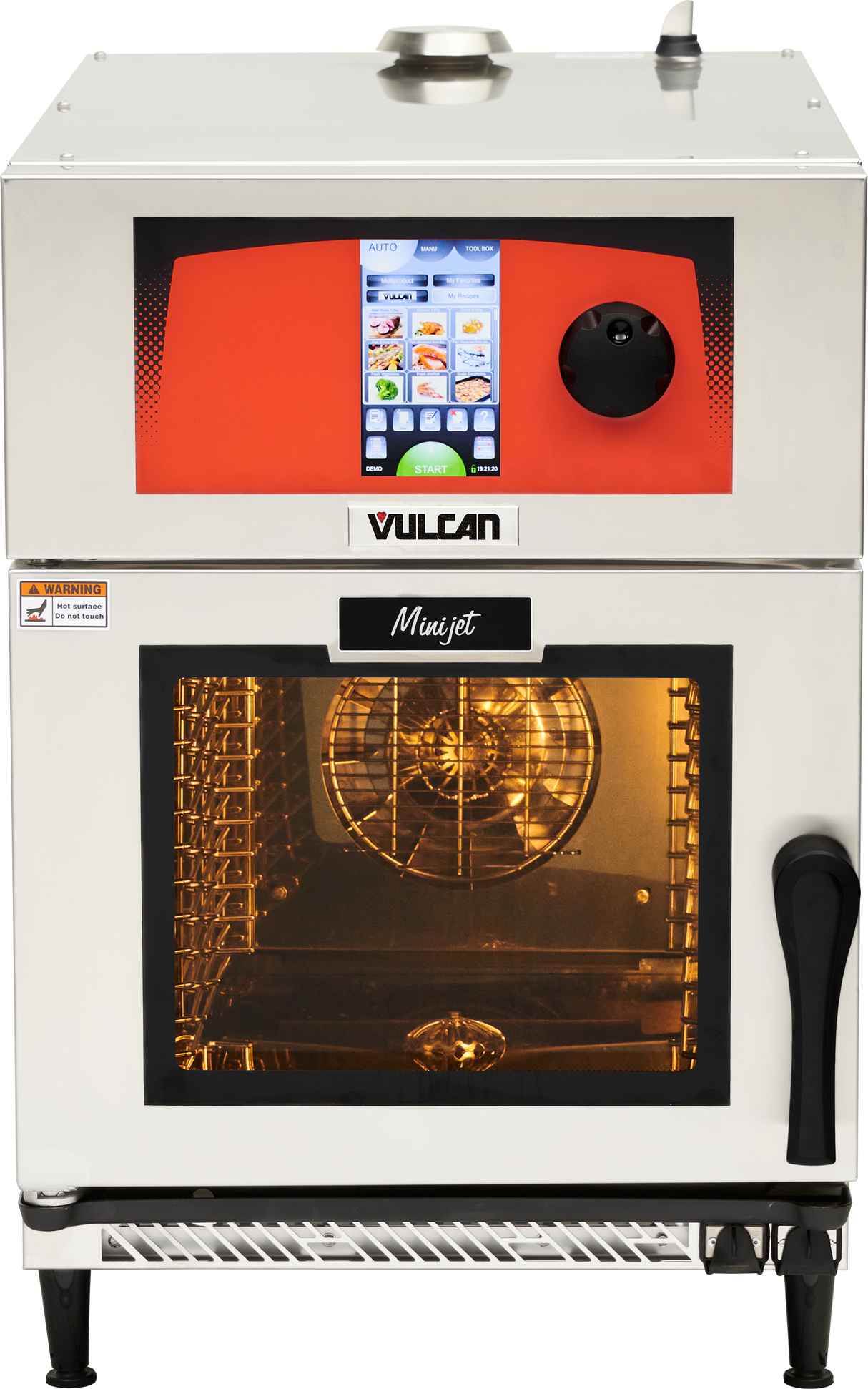 A stainless steel mini-jet combi oven with a glass door reveals interior racks and an illuminated fan. The top features a touchscreen display, colorful buttons, a large black knob, and Vulcan branding. A warning label is visible on the left side.