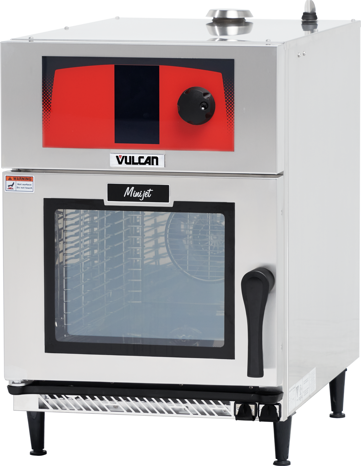 A commercial stainless steel mini-jet combi oven with a red and black control panel, labeled Vulcan and Minijet. The ventless oven has a large glass door with a black handle, showing interior racks and fan, on four short black legs.