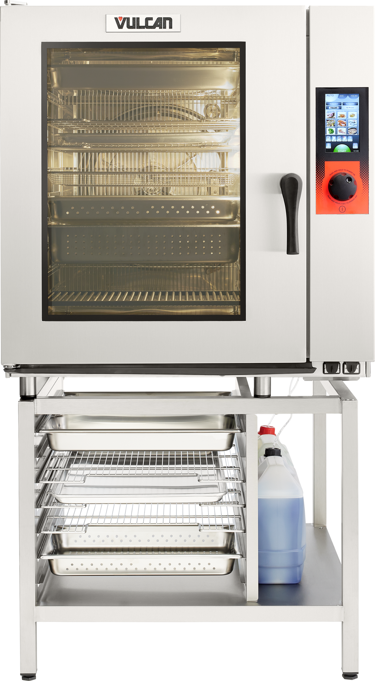 A Vulcan TCM-102E electric steam oven with a glass door reveals multiple wire racks. To the right, a digital control panel features a display and red knob. Below, a metal stand holds trays and a large container of cleaning solution.