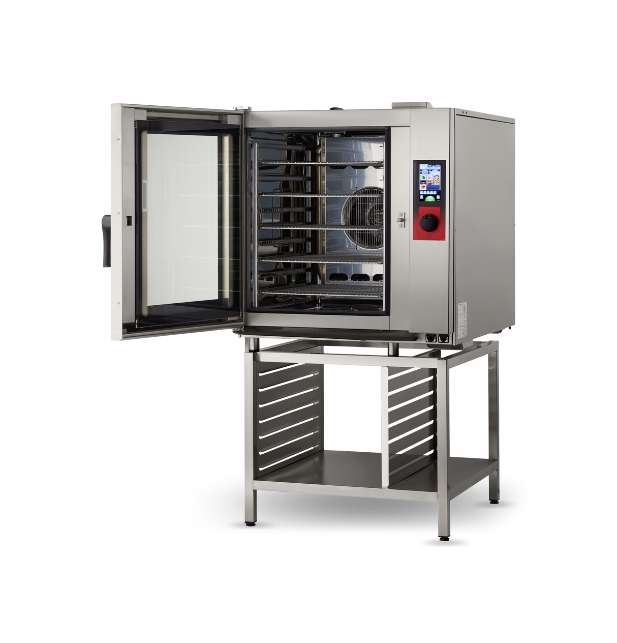 A commercial Vulcan TCM-102E combi oven with its door open reveals multiple wire racks inside. The oven sits on a matching metal stand with a lower shelf and side rails, while a digital control panel is visible on the front right.