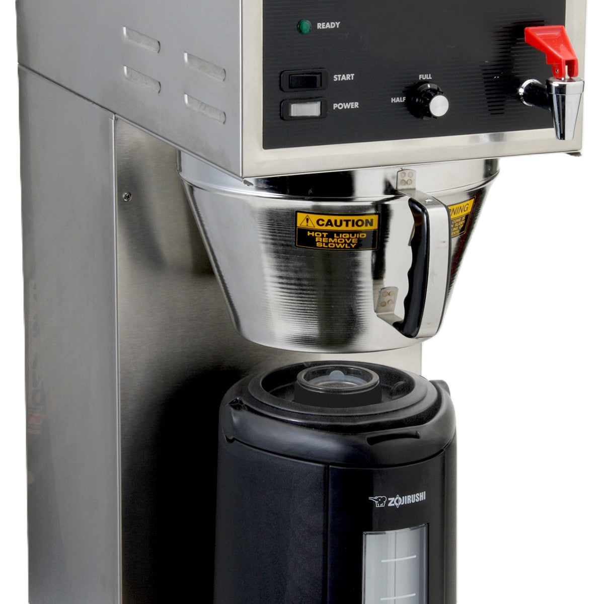 A commercial coffee maker features a stainless steel brew basket labeled “Caution: Hot liquid.” Below, an insulated beverage dispenser with a black carafe collects coffee. The control panel above has buttons, indicator lights, and a red spout for dispensing.