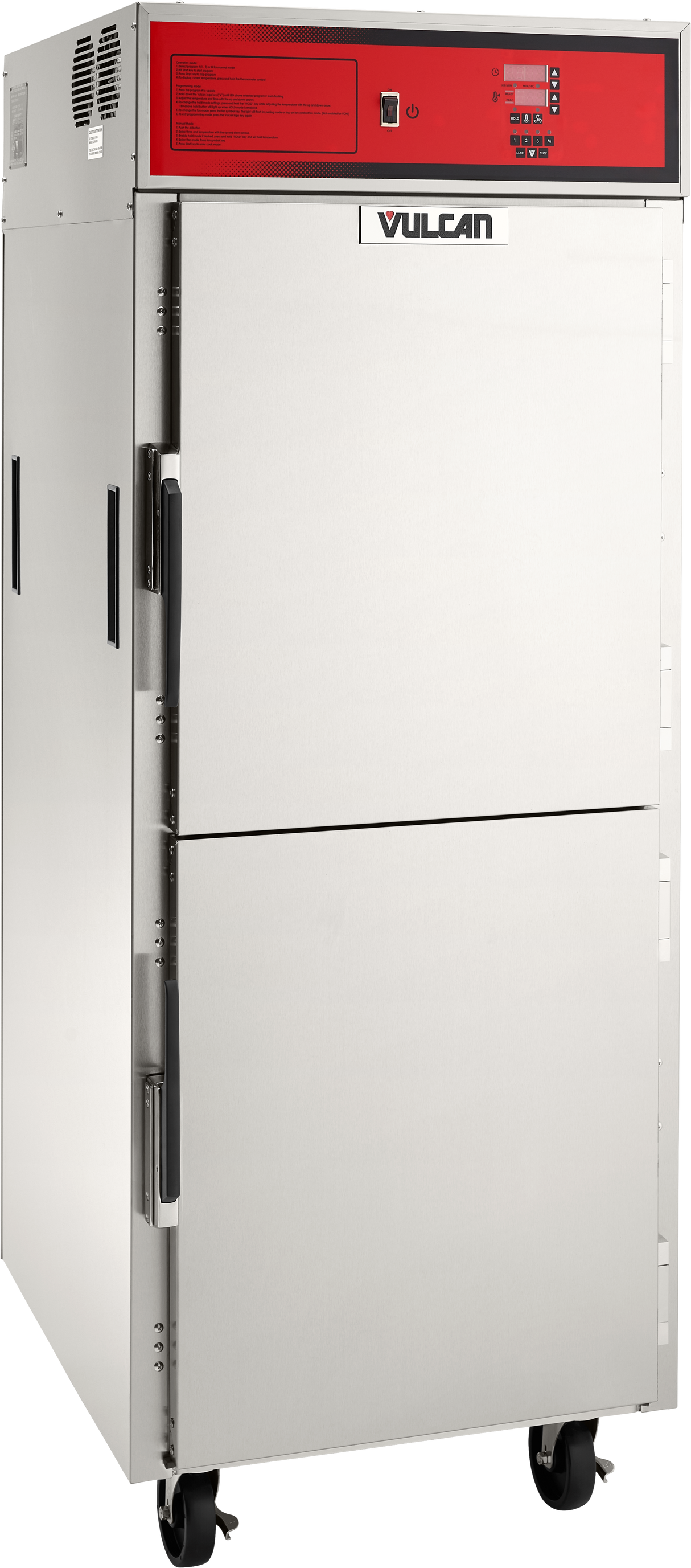 A commercial stainless steel Vulcan VCH16 mobile holding oven with two doors, a red control panel on top featuring buttons and a digital display, ventilation on the upper left, and four caster wheels for easy mobility.