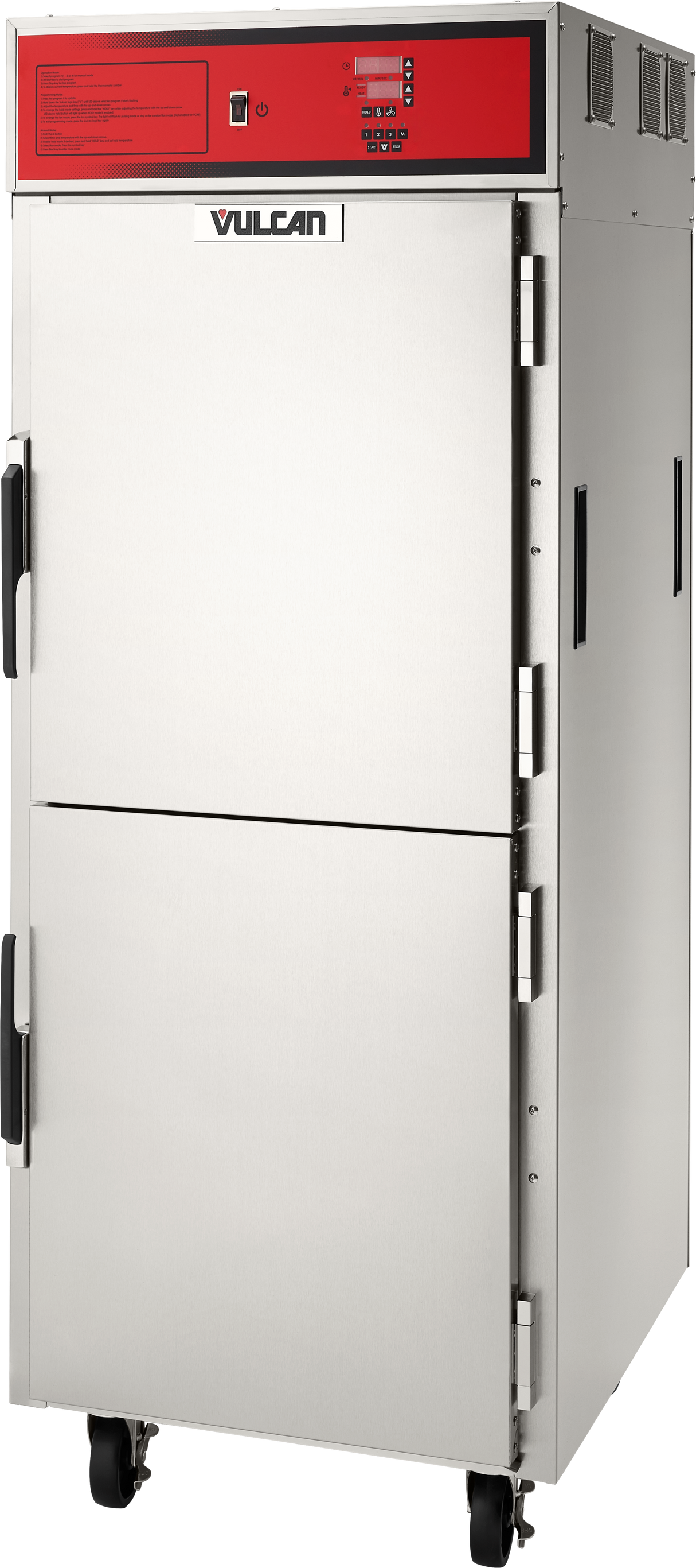 The Vulcan VCH16 cook/hold cabinet is a stainless steel commercial food warmer with two doors, black handles, and a red digital control panel. This mobile holding oven sits on four caster wheels and features side vent slots, with the Vulcan brand displayed on the front.