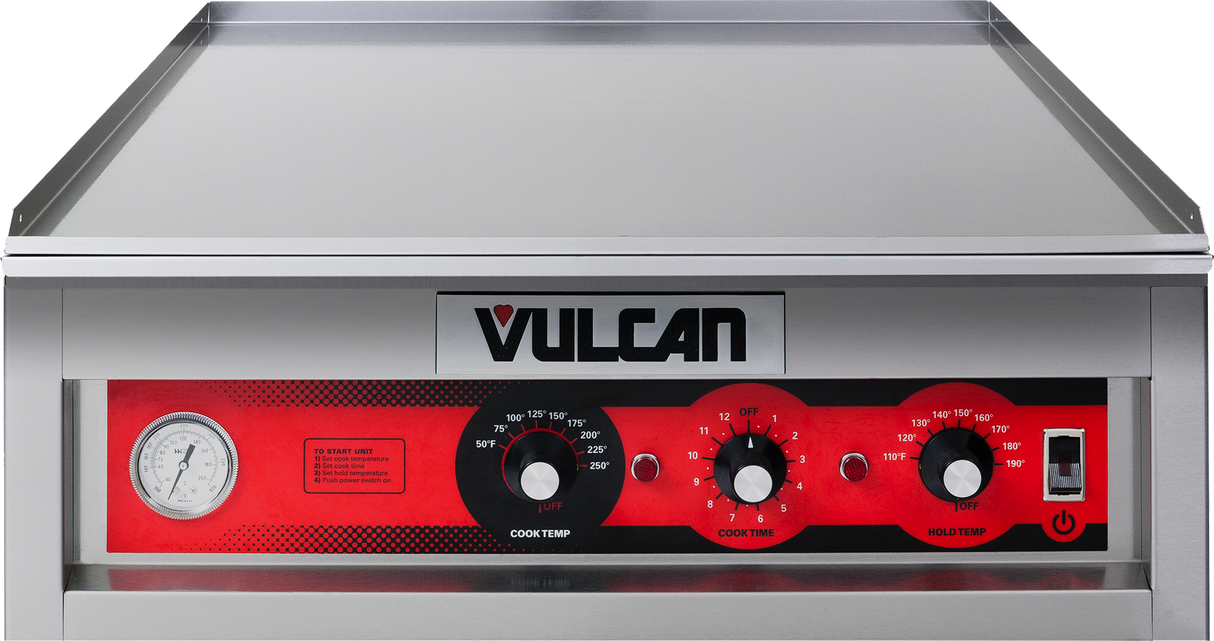 Front view of a Vulcan Cook/Hold Cabinet with durable stainless steel construction. The control panel features a thermometer, two round dials labeled Cook Temp and Cook Time, a Hold Temp dial, on/off switch, and the Vulcan logo above the controls.