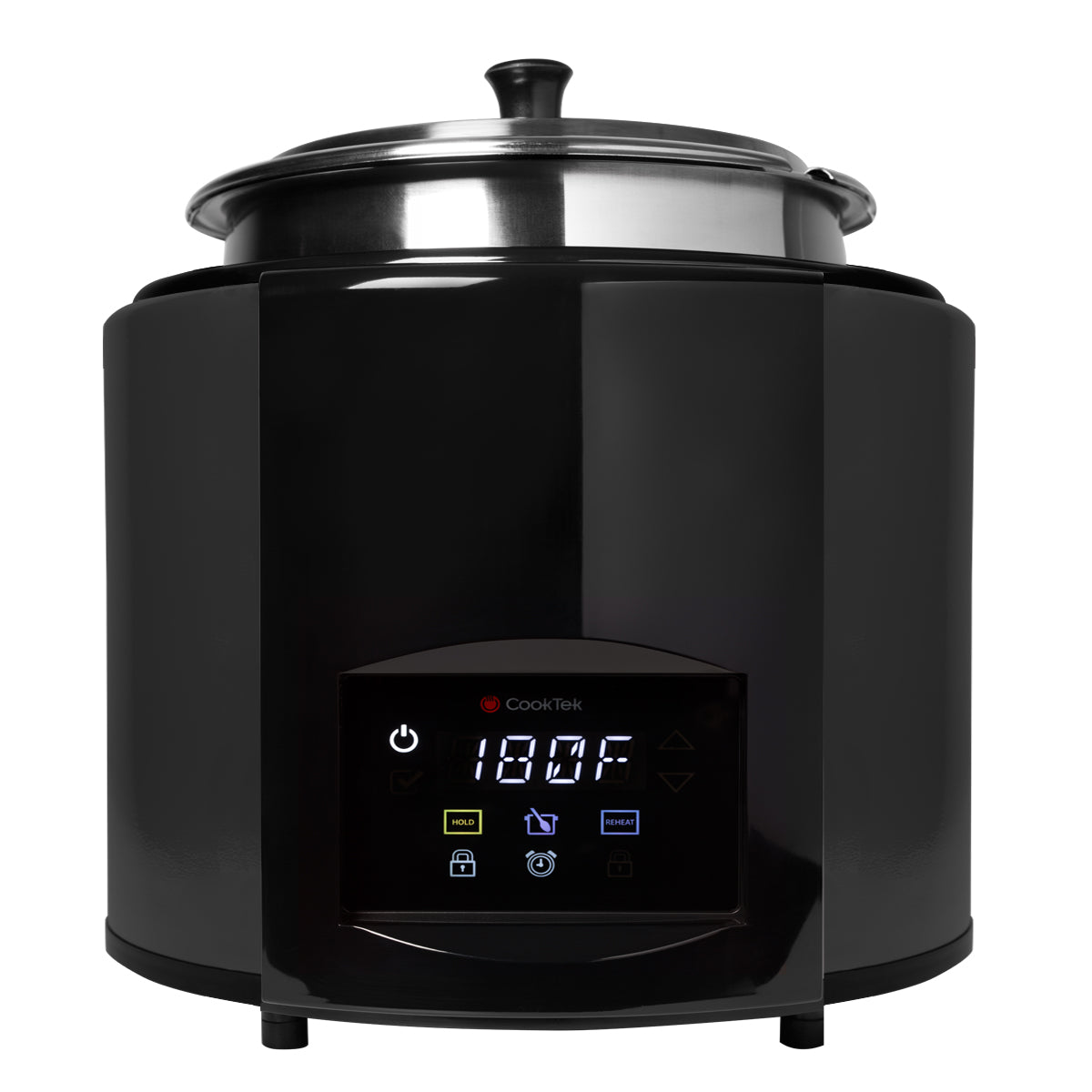 A black electric induction kettle countertop cooker with a stainless steel pot and lid, featuring a digital control panel displaying 180°F, power button, programmable stir notification, and function icons. The brand name CookTek is shown above the display screen.