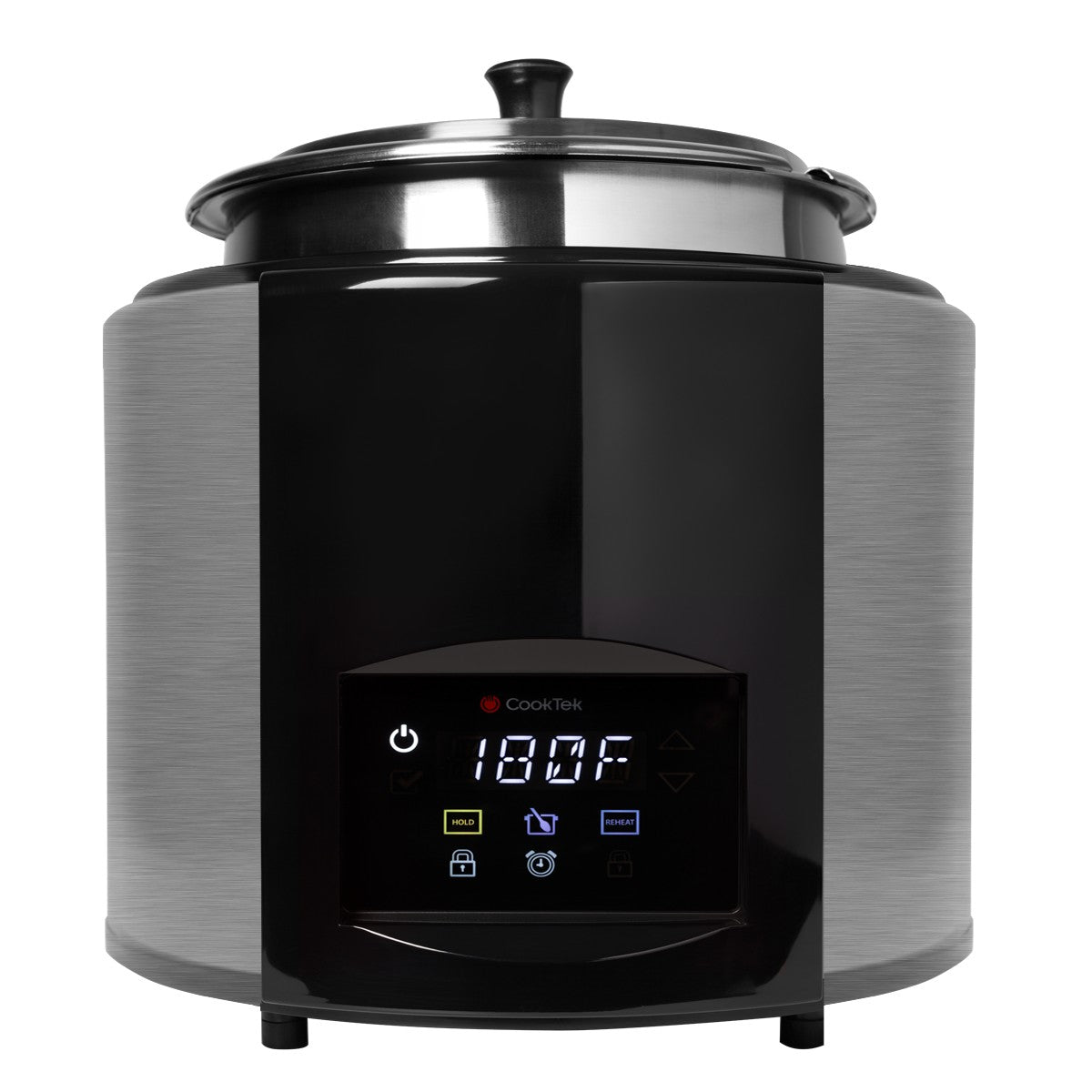 A modern countertop induction kettle with a black and stainless-steel finish, digital display showing 180°F, touch controls, and a fitted lid with handle. The control panel features icons for power, temperature, settings, and programmable stir notification.
