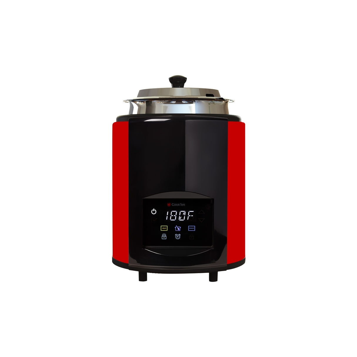 A modern induction kettle with a red and black exterior, stainless steel lid, and digital control panel displaying 180°F plus icons for settings and functions. The appliance sits on short legs against a white background.