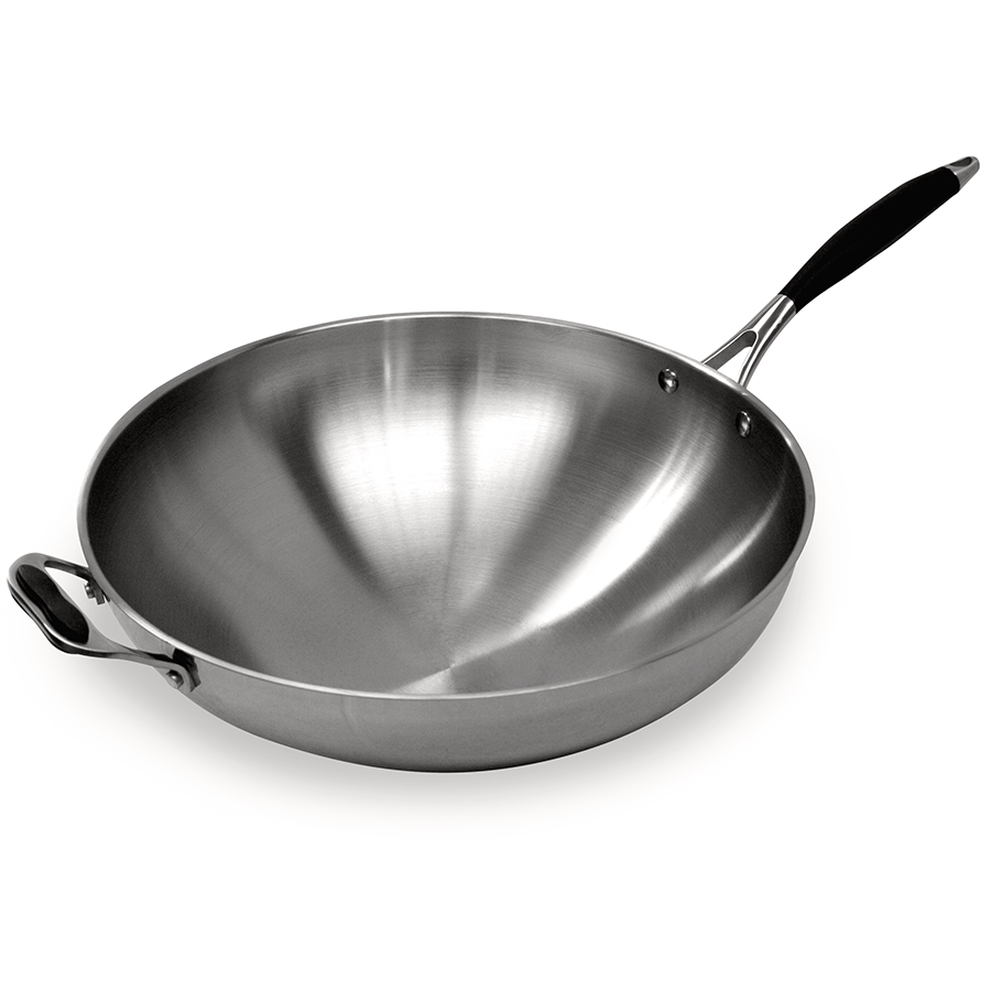A stainless steel wok with a shiny, brushed metal finish features a long black rubber handle and a small loop handle on the opposite side. This round bottom wok has a deep, rounded shape and smooth interior, set against a white background.
