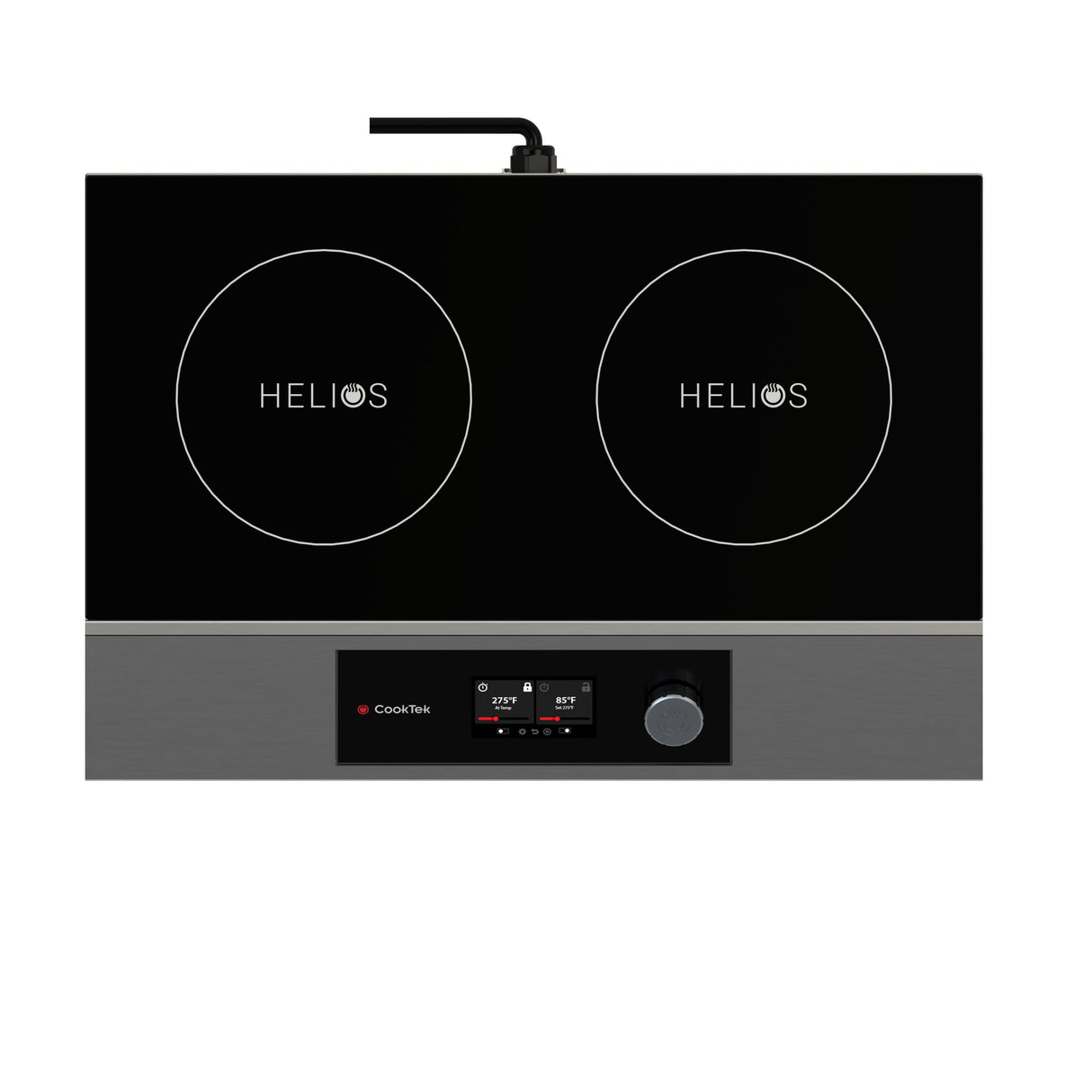 A modern black and silver portable induction cooktop with a double hob features two circular burners labeled “HELIOS.” Below, a control panel with digital displays, a knob, and buttons sits above the visible “CookTek” brand. The cooktop is plugged in at the back.