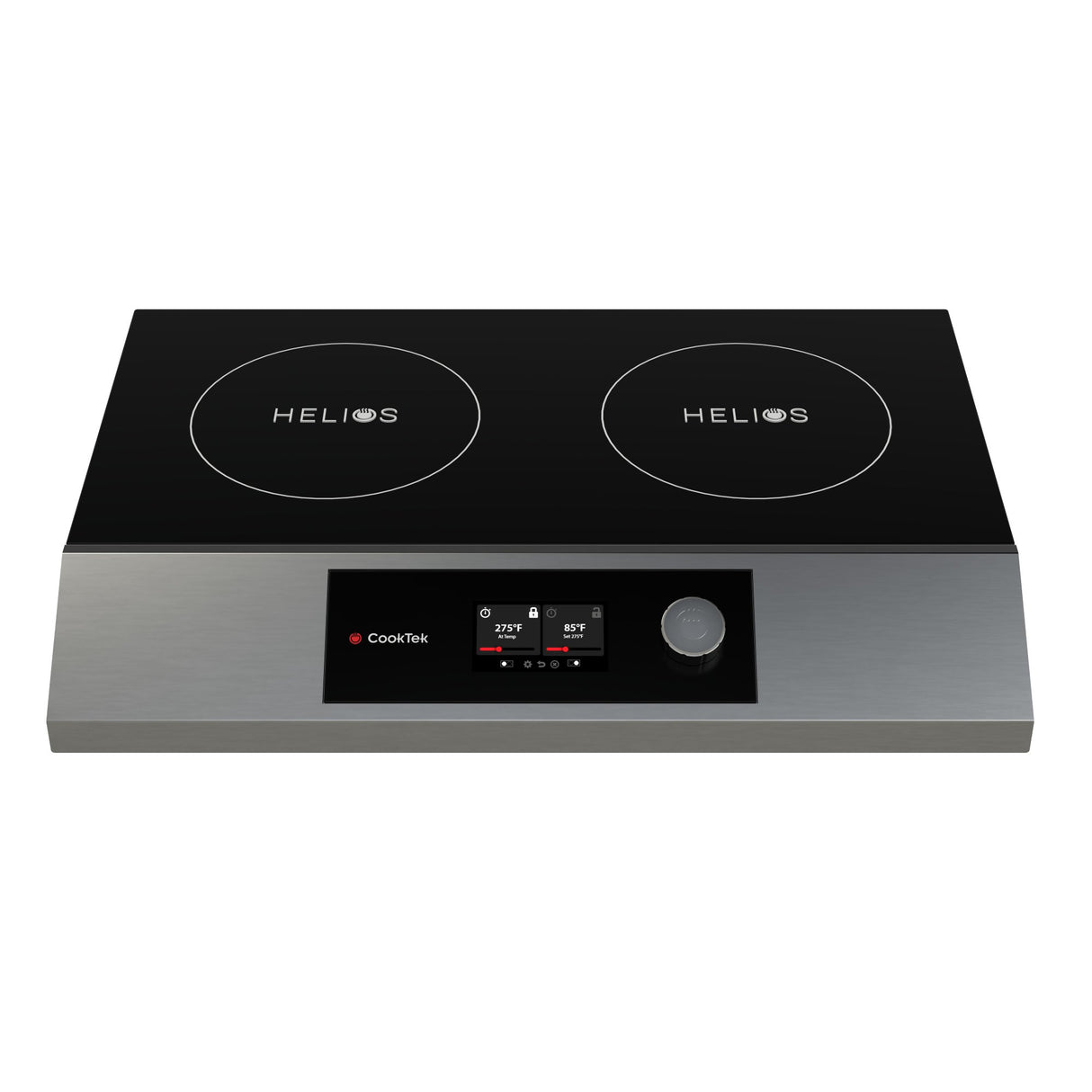 A double hob induction cooktop with a sleek black glass surface labeled HELIOS on each burner, stainless steel trim, digital display, control buttons, and a central rotary knob in a portable design.