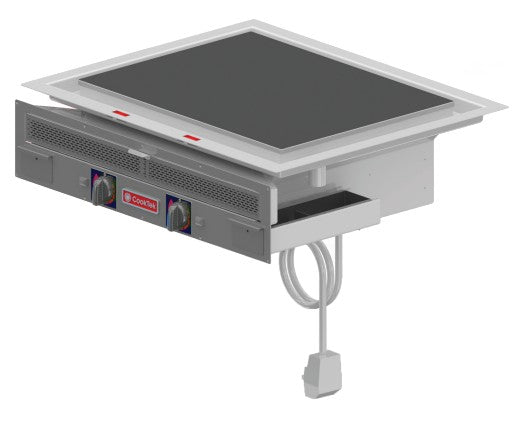 A commercial countertop induction plancha with a smooth black glass top, chrome cooking surface, two temperature control knobs, digital display, vented front panel, pull-out tray, and thick power cord in a rectangular metal frame.