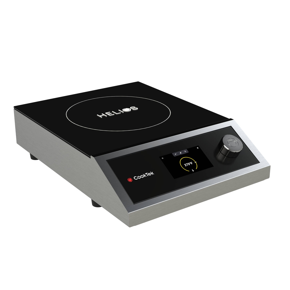 A modern portable induction cooktop with a sleek black glass surface, digital display, single control knob, and CookTek branding. The countertop appliance features a white circle with “HELIOS” text at the center, metal sides, and four small feet.