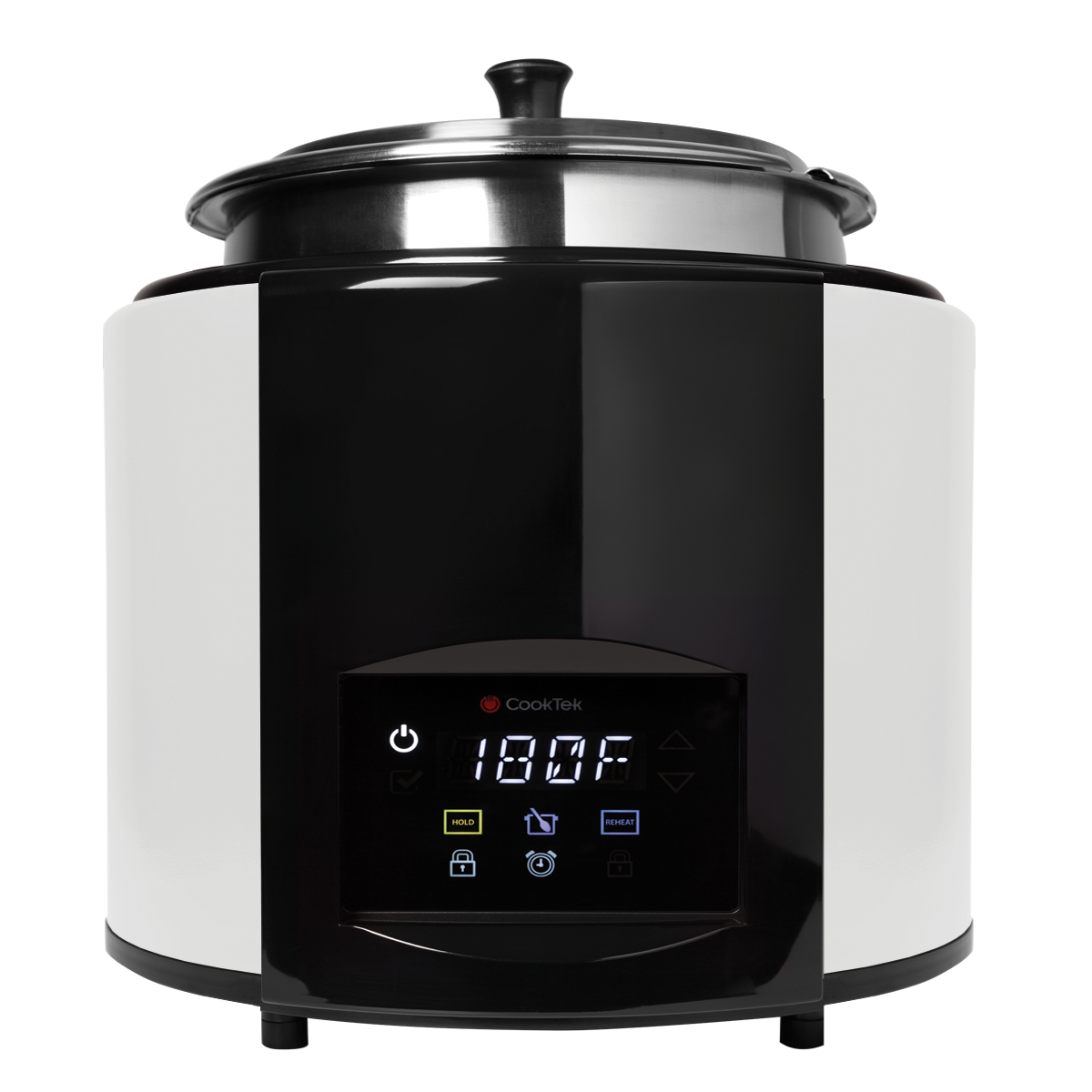 A black and white electric countertop cooker with a digital display showing 180°F. The front panel has touch buttons for power, lock, temperature, and programmable stir notification. A stainless steel soup tureen sits in the top compartment. Background is plain white.