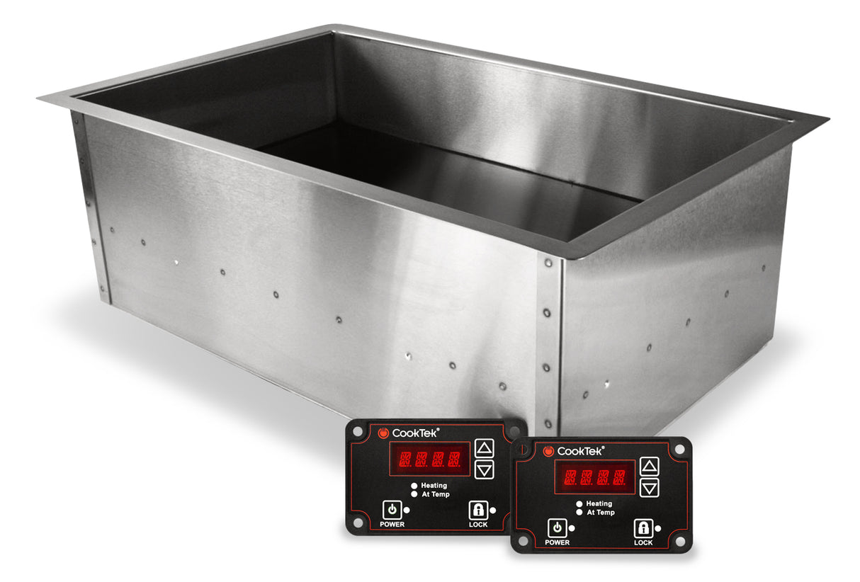 A rectangular stainless steel CookTek SinAqua drop-in food well with a black interior, shown with two digital control panels featuring red LED temperature displays, labeled buttons, and prominent “CookTek” branding on a white background.