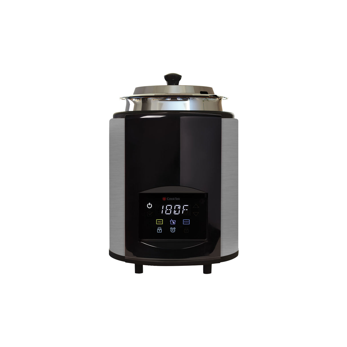 A modern electric cooker with a stainless steel body, black front panel, digital display showing “180°F,” and touch control buttons. It features an adjustable temperature setting and a glass lid with a black handle, set against a plain white background.