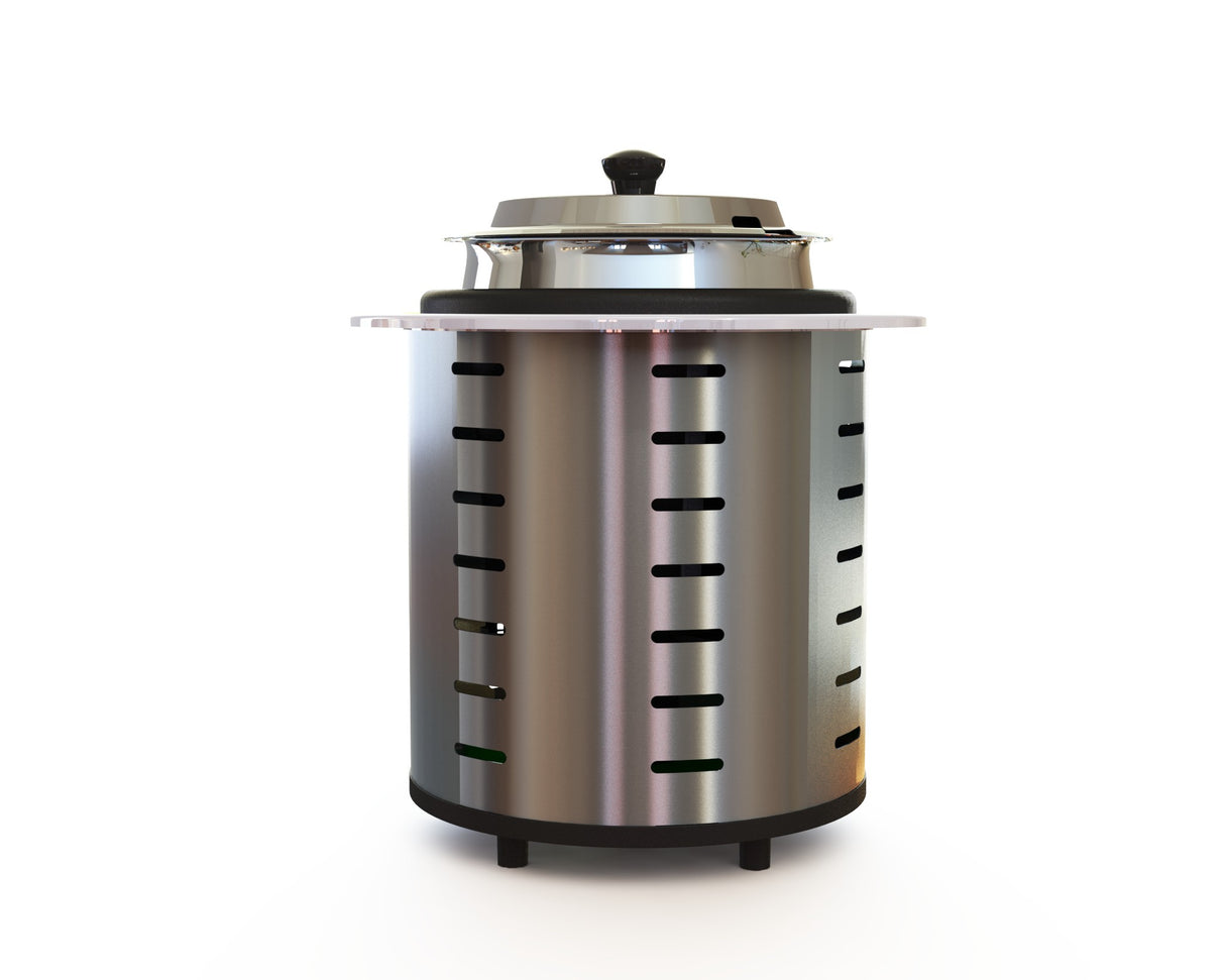 A modern stainless steel soup tureen, this cylindrical kitchen appliance features vertical slits, black feet, and a transparent lid with a black knob. Its sleek design stands out on any white surface.