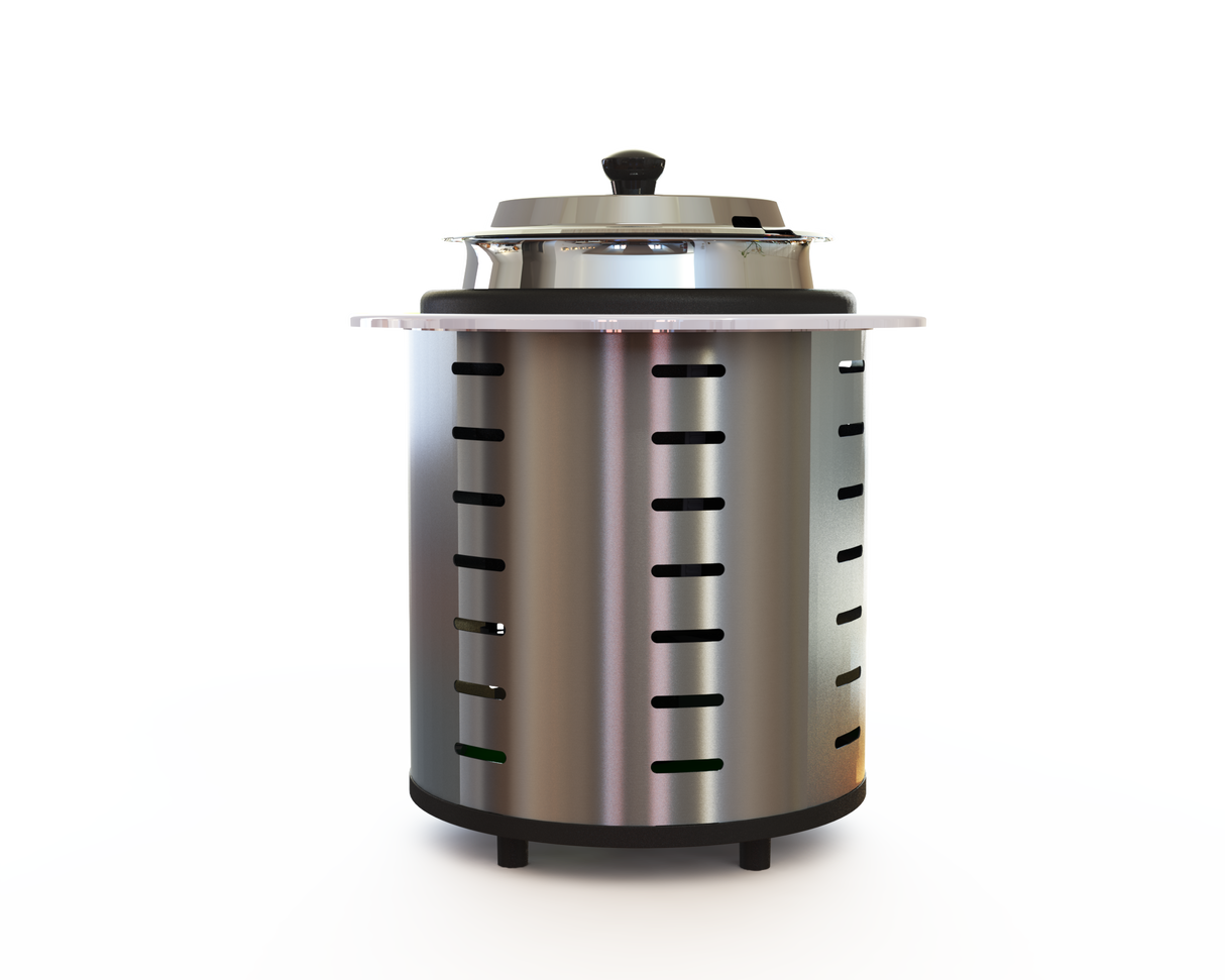 A tall, cylindrical stainless steel soup tureen with vertical cut-out slots and four short feet. A metal lid with a black knob sits on top. The plain white background highlights the holder’s shiny, reflective surface.