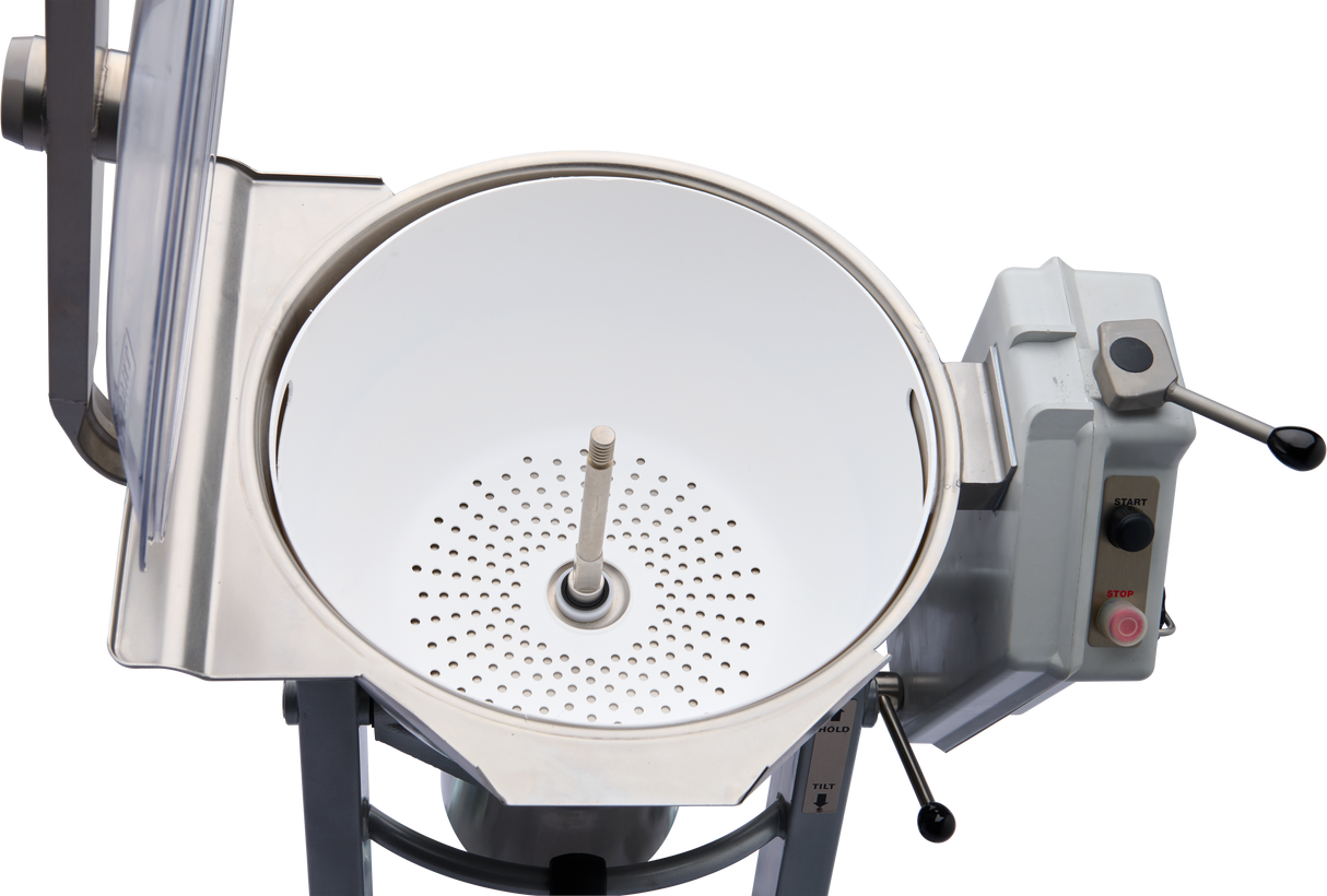 A close-up of a Hobart HCM450 cutter mixer or kettle with a perforated plate inside, 200/60/3 central mixing shaft, control panel with levers labeled “HEAT” and “STOP,” and a stainless steel exterior against a plain white background.