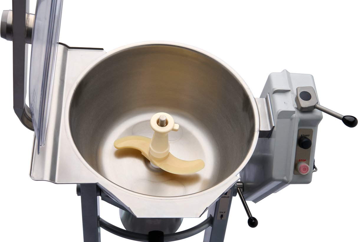 A close-up of a Cutter Mixer food processor with a large stainless steel bowl, central vertical spindle, and double curved plastic blade. The gray control panel with buttons and levers is on the right side. Features Knead-Mix attachment. Plain white background.