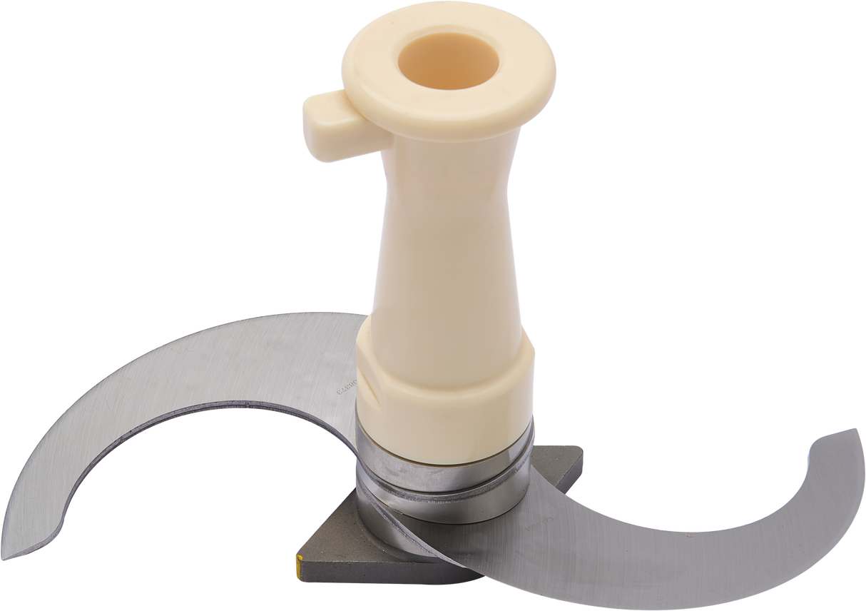 A Hobart HCM450-3 Cutter Mixer Knead-Mix attachment features two curved stainless steel blades and a central beige plastic handle, standing upright on a flat surface, isolated on a white background.