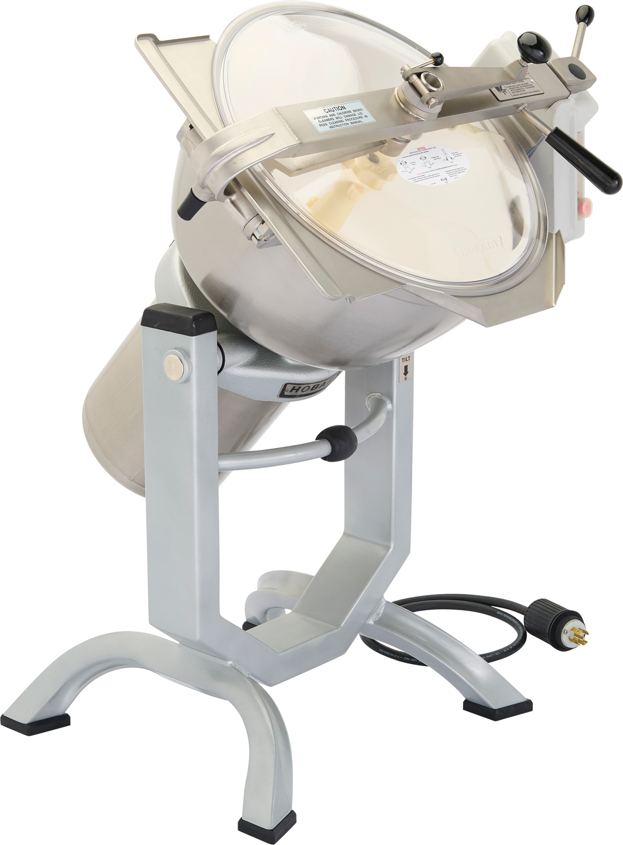 A large, industrial stainless steel food processor, the Hobart HCM450-62 features a transparent lid, black handles, control dial, and sturdy metal legs. Tilted upward to reveal its deep mixing bowl, it includes an electrical cord and a Cutter Mixer for versatility.