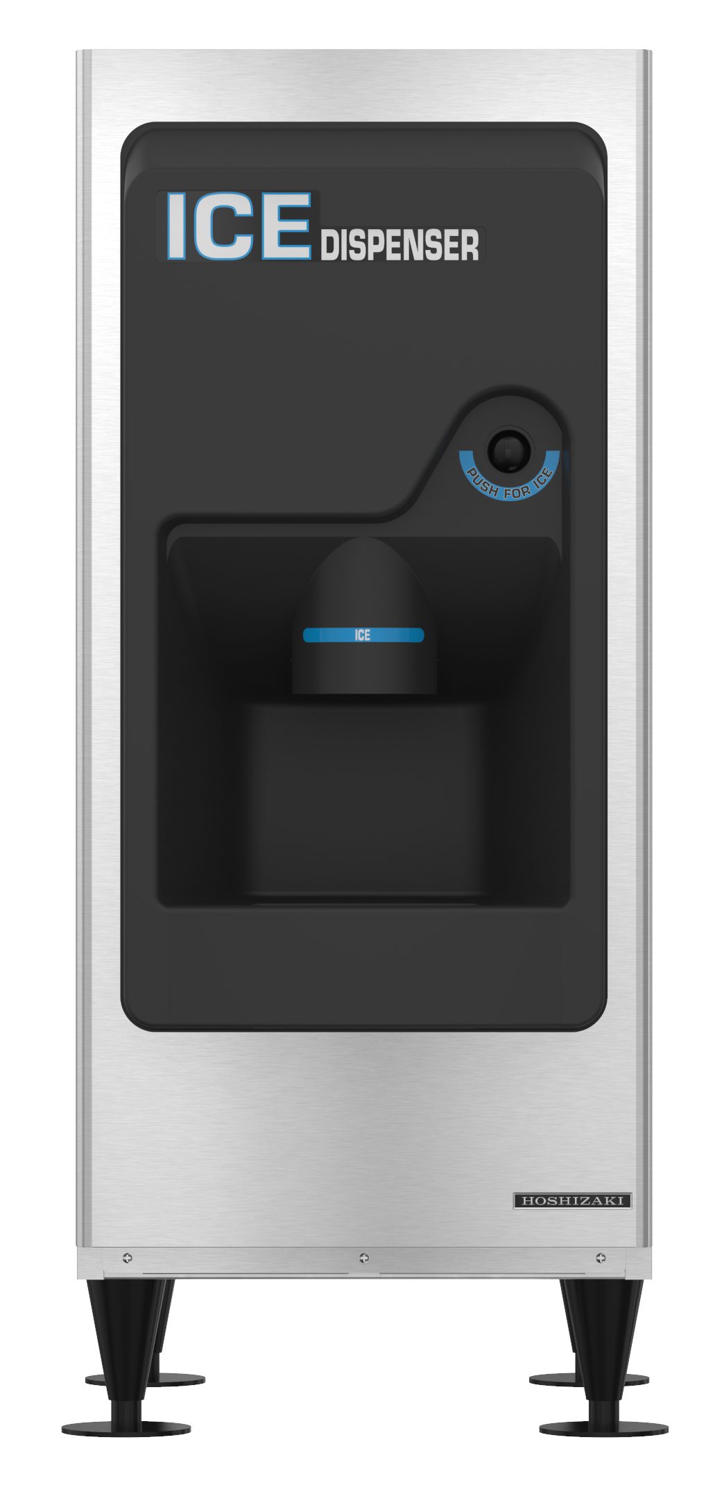 A stainless steel Ice Dispenser with black accents, labeled ICE DISPENSER at the top. This ADA compliant appliance stands on four black legs, has a modern rectangular design, and features a centered dispensing area below a round push button. 130-lb. storage capacity.