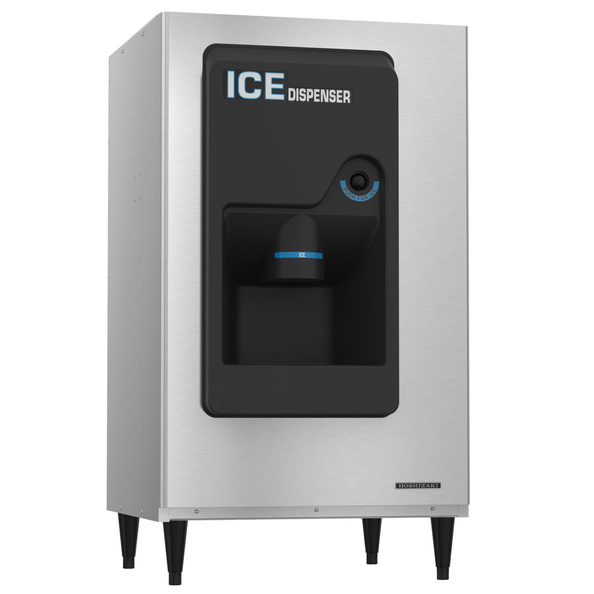 A modern, industrial Ice Dispenser with a 200-lb. storage capacity features a black front panel labeled ICE DISPENSER in bold white and blue letters. The ADA compliant machine includes a chute for easy access and stands on four sturdy black legs.