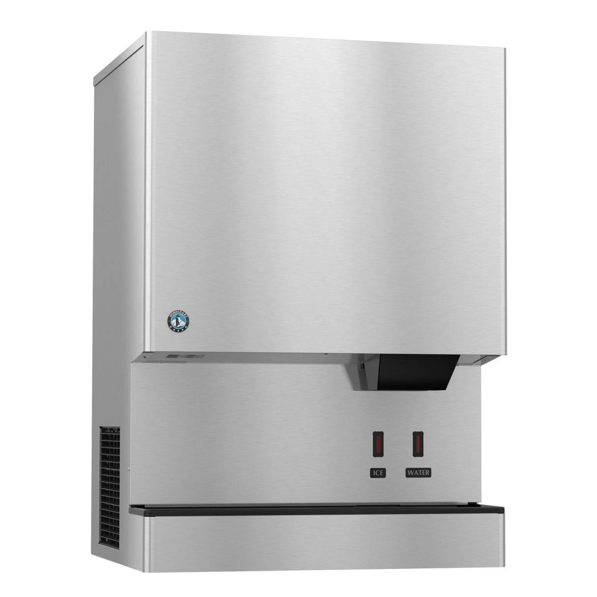 A stainless steel Opti-Serve Ice Maker cubelet ice dispenser features a rectangular shape, two push buttons labeled “ICE” and “WATER,” and a black dispensing area beneath, all in a modern, industrial wall-mounted design.