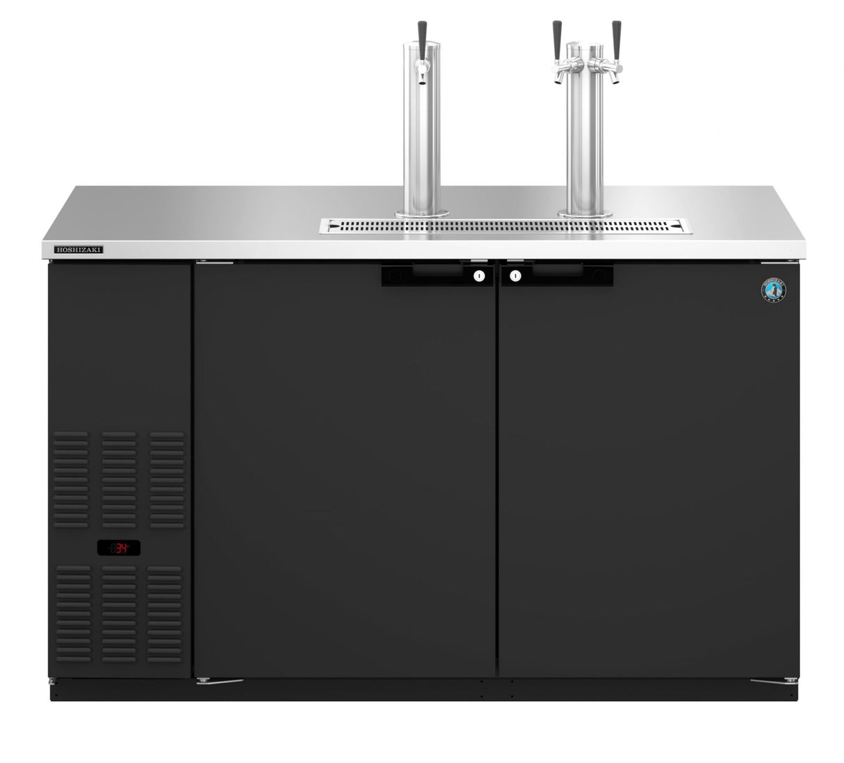 A commercial Hoshizaki black double-door draft beer cooler with a stainless steel top, two tap towers, and metal handles. Vents and a digital display are on the left side. The surface includes a drip tray for this direct draw system.