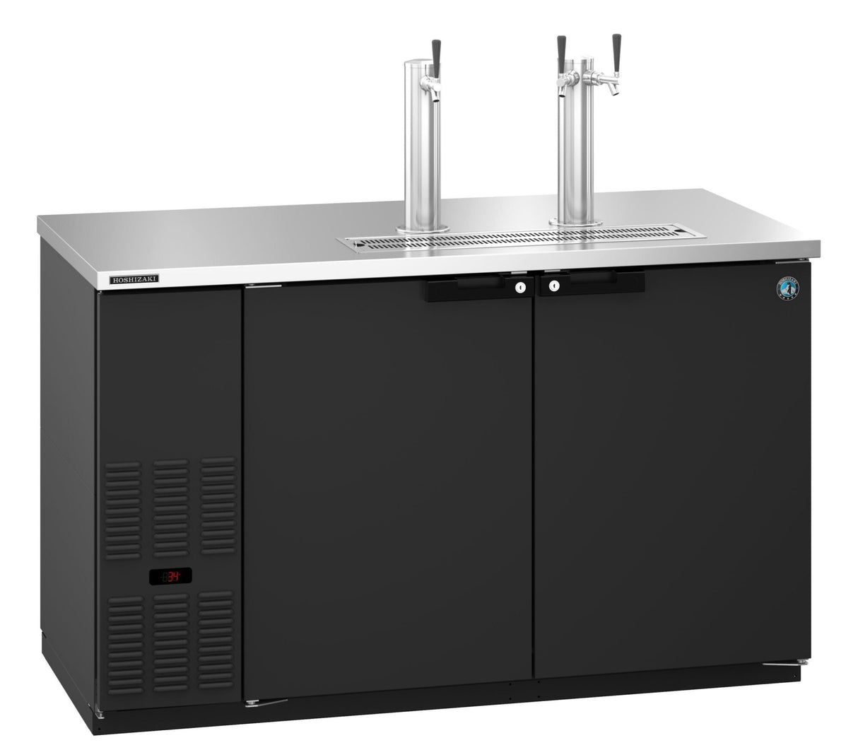 A commercial black and stainless steel Hoshizaki draft beer cooler with two tall tap towers, double front doors, a digital display, and side ventilation grilles. The flat top surface makes this direct draw appliance ideal for dispensing draft beverages.