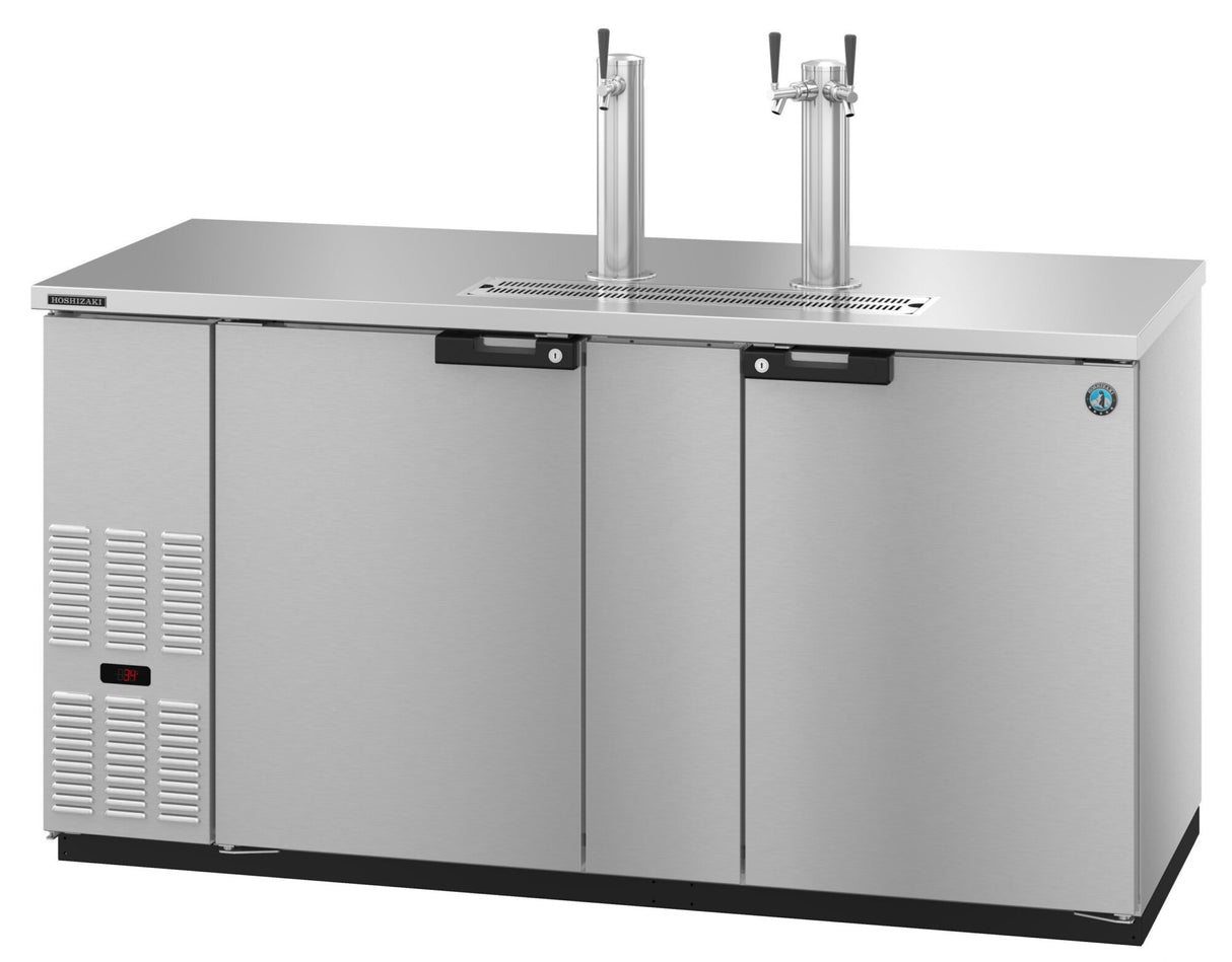 A large commercial Hoshizaki Direct Draw beer kegerator with two doors and tall taps. It features a small digital display, lower-left ventilation panel, smooth metallic finish, and a raised drip tray beneath the taps for draft beer cooling.