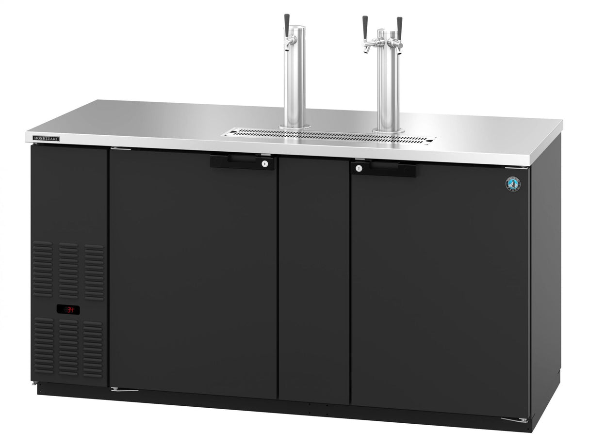 A commercial Hoshizaki black beer dispenser refrigerator with two stainless steel tap towers, double doors, a digital temperature display on the left, and a vented panel. This sleek Draft Beer Cooler is ideal for bar or restaurant settings.