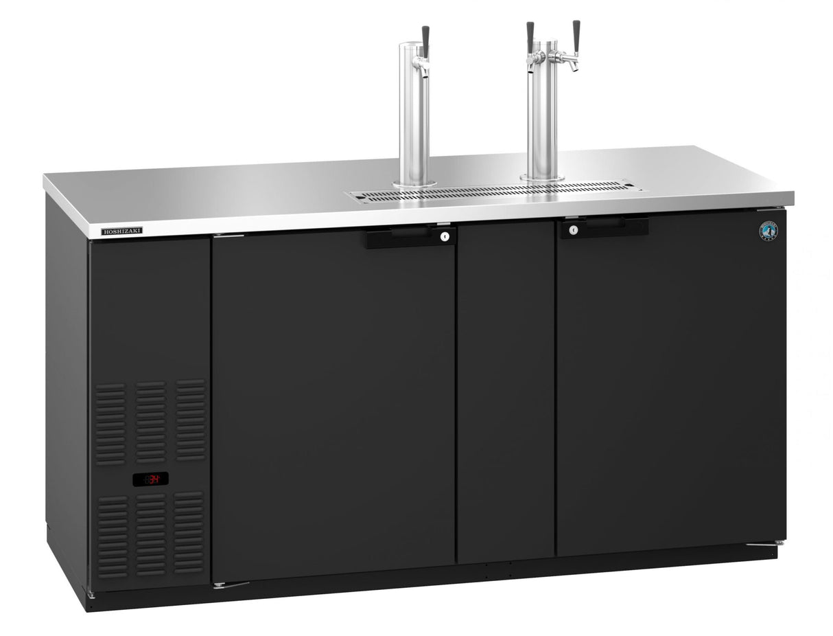 A commercial Hoshizaki black kegerator with a stainless steel top features two beverage taps for direct draw. It offers double-door storage, a digital temperature display, and a clean, modern design ideal for bars or restaurants.