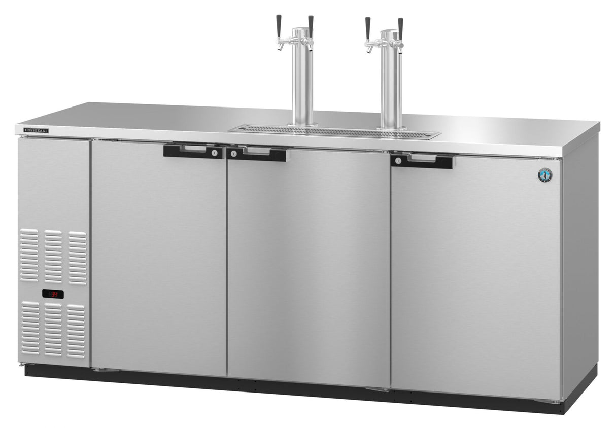 A commercial Stainless Steel Beer Cooler kegerator with three front doors, a digital control panel on the left, and two tall draft beer towers with dual taps on top. The flat countertop surface appears clean and reflective.