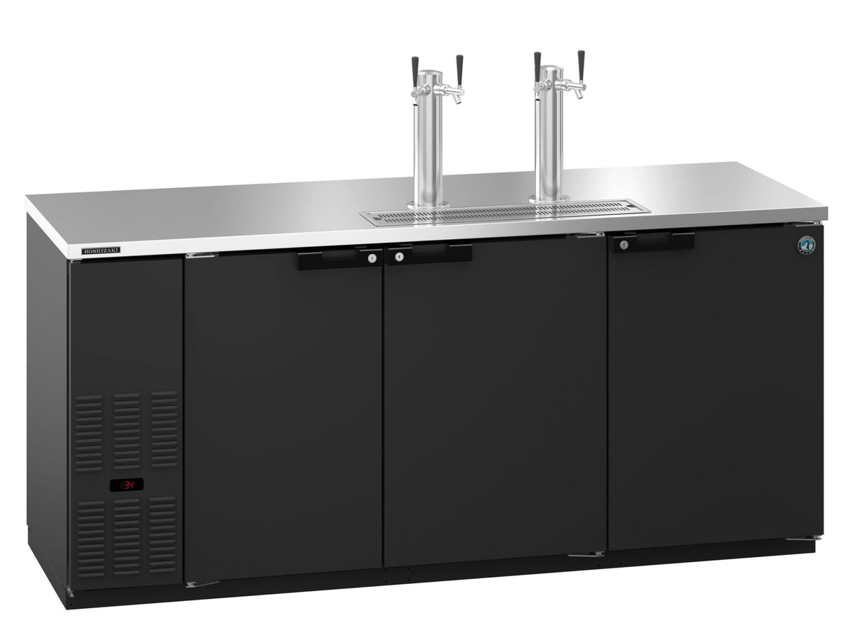 A commercial black Hoshizaki DD80 draft beer cooler with three doors and a stainless steel countertop features two direct draw beer taps and a built-in drip tray. Vents and digital controls are on the left, with a blue badge on the rightmost door.