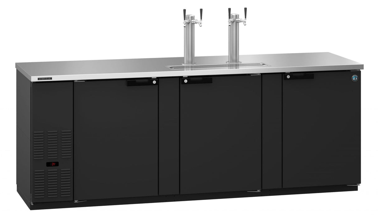 A sleek, modern Draft Beer Cooler with a three-section design features three doors, a stainless steel countertop, and two tall silver beer taps. The left side includes a vent and control panel, making it ideal for bars or restaurants seeking direct draw convenience.