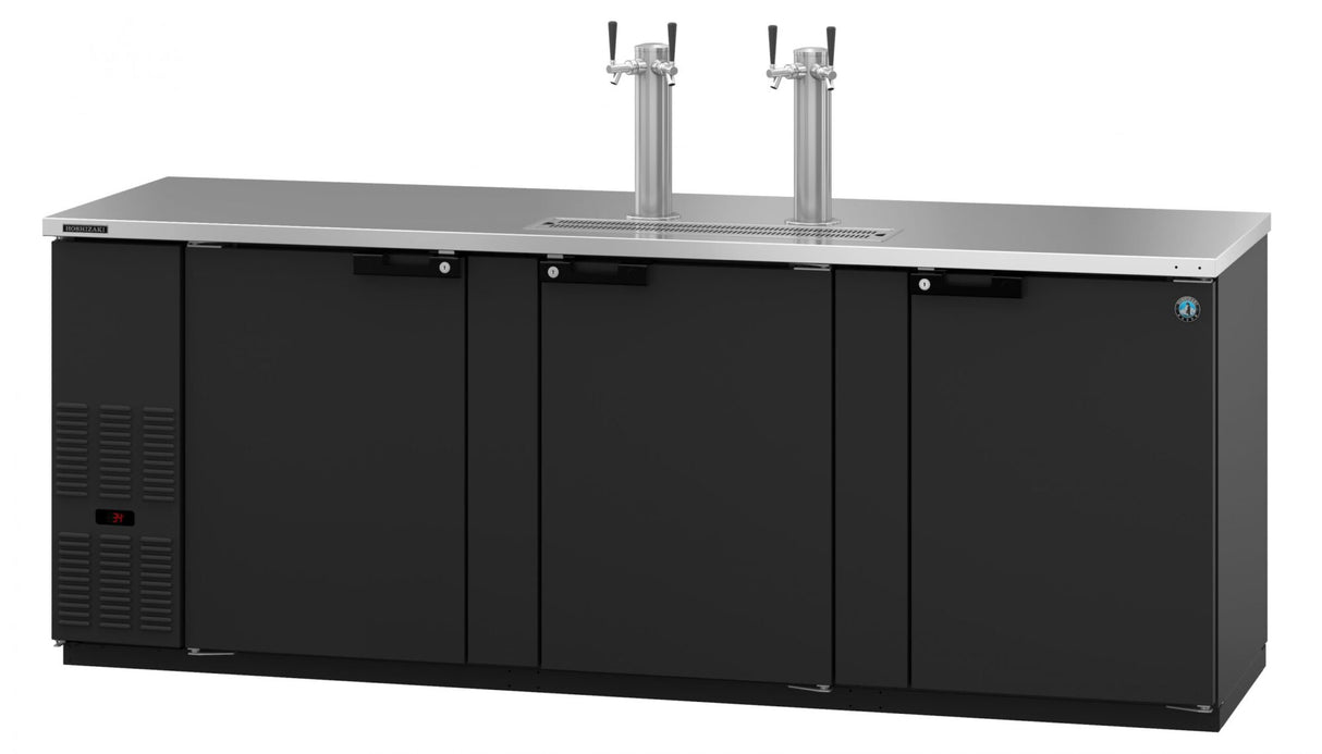A sleek, modern black Draft Beer Cooler with a Three-Section design features three doors and a stainless steel top. Two silver beer taps are mounted in the center above a drip tray, perfect for direct draw dispensing on any white background.