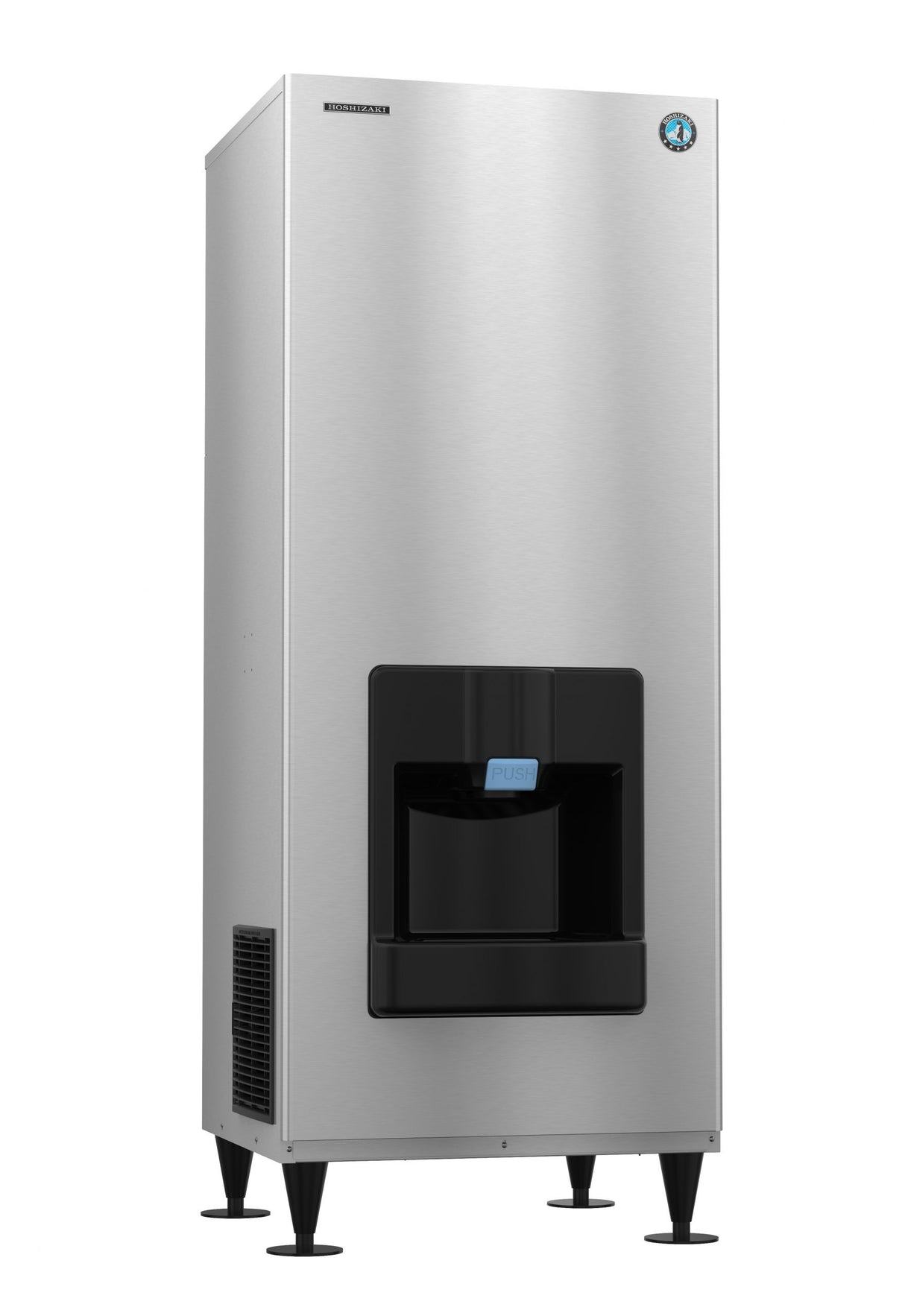 A tall, stainless steel Serenity Ice Maker features a black dispensing area and a digital display above the chute. The Crescent Cube-Style unit stands on four legs, with a vent on the lower side and brand logo on the top right corner.