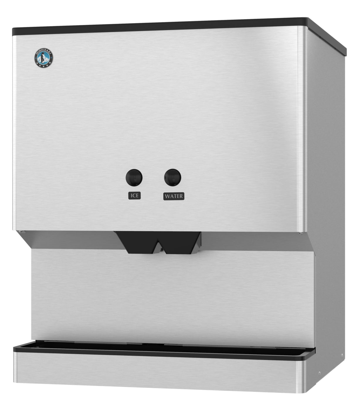 The Hoshizaki DM-200B Ice & Water Dispenser features stainless steel construction, dual black-labeled buttons for ice and water, two nozzles, a flat black top, a wide catch tray, and boasts a 200-lb ice capacity for commercial use.
