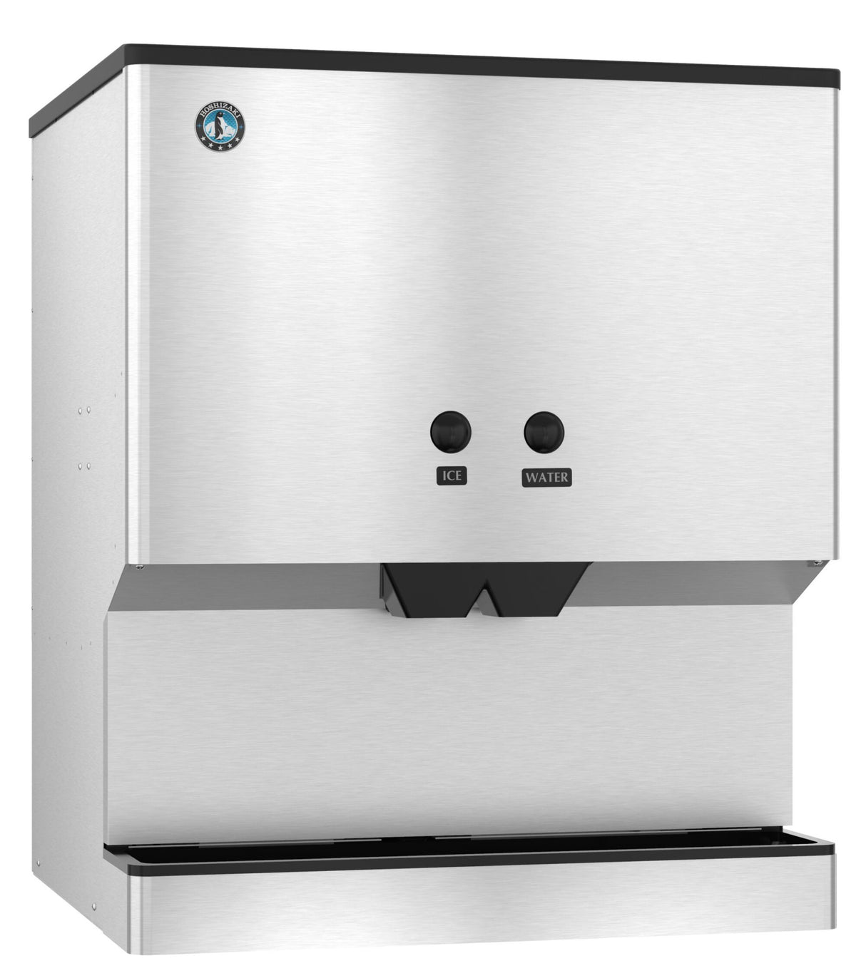 The Hoshizaki DM-200B Ice & Water Dispenser features a sleek stainless steel design, two black push buttons for ICE and WATER, dual chutes, and a blue and white logo. It offers a generous 200-lb ice capacity for busy environments.