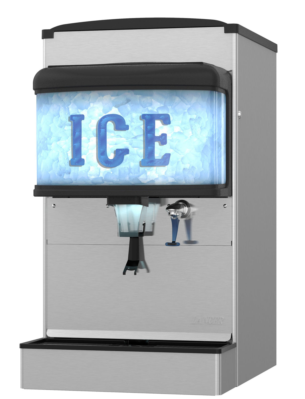 A commercial Ice & Water Dispenser with a stainless steel exterior features a large front display reading ICE over ice cubes. Below, a lever and spout dispense ice into a tray, and its 200-lb. ice capacity ensures ample supply for busy settings.