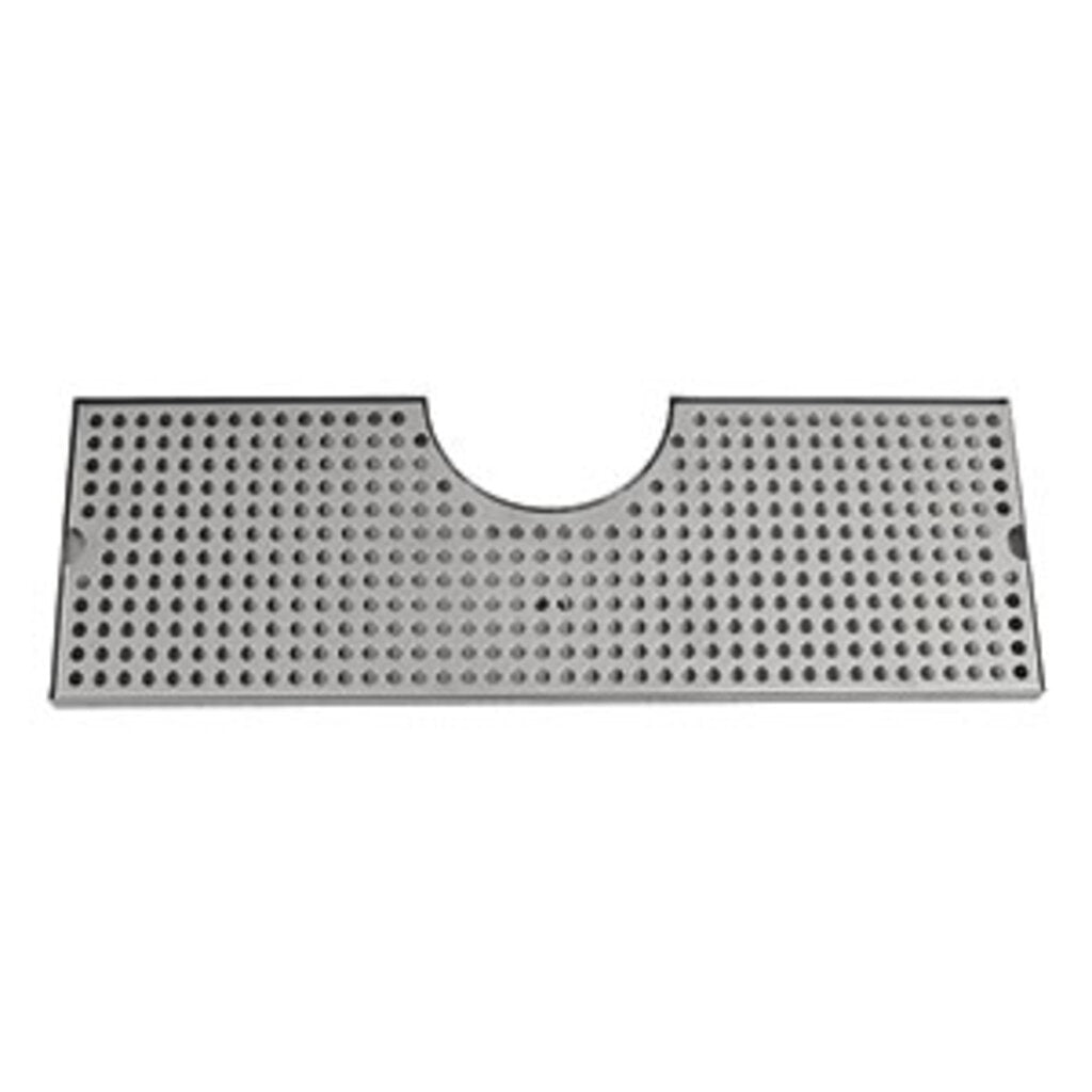 A rectangular stainless steel drip tray bar mat with rounded corners, featuring evenly spaced drainage holes and a semi-circular cutout along one long edge, designed for surface mount placement around bar sinks or counters.