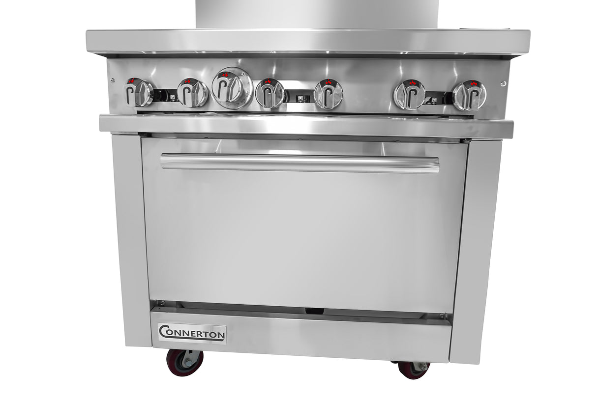 A commercial stainless steel restaurant range with six control knobs above a large oven door. Featuring sturdy construction, a horizontal handle, Bake-n-Roast oven options, and red-accented knobs. The “Connerton” brand appears near the bottom.