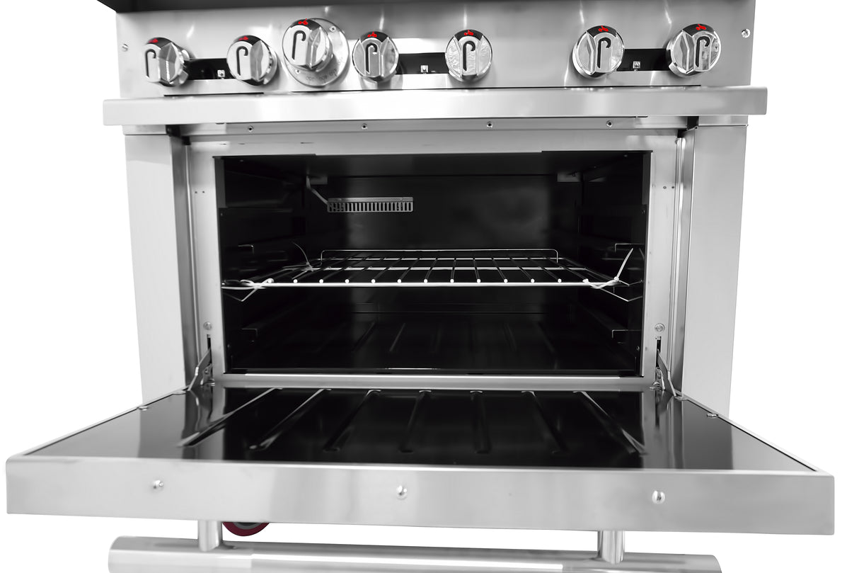 A stainless steel Bake-n-Roast oven with the door open, showing two wire racks inside. The oven has six control knobs above the open door, reflecting its restaurant range design and clean, shiny metallic finish.